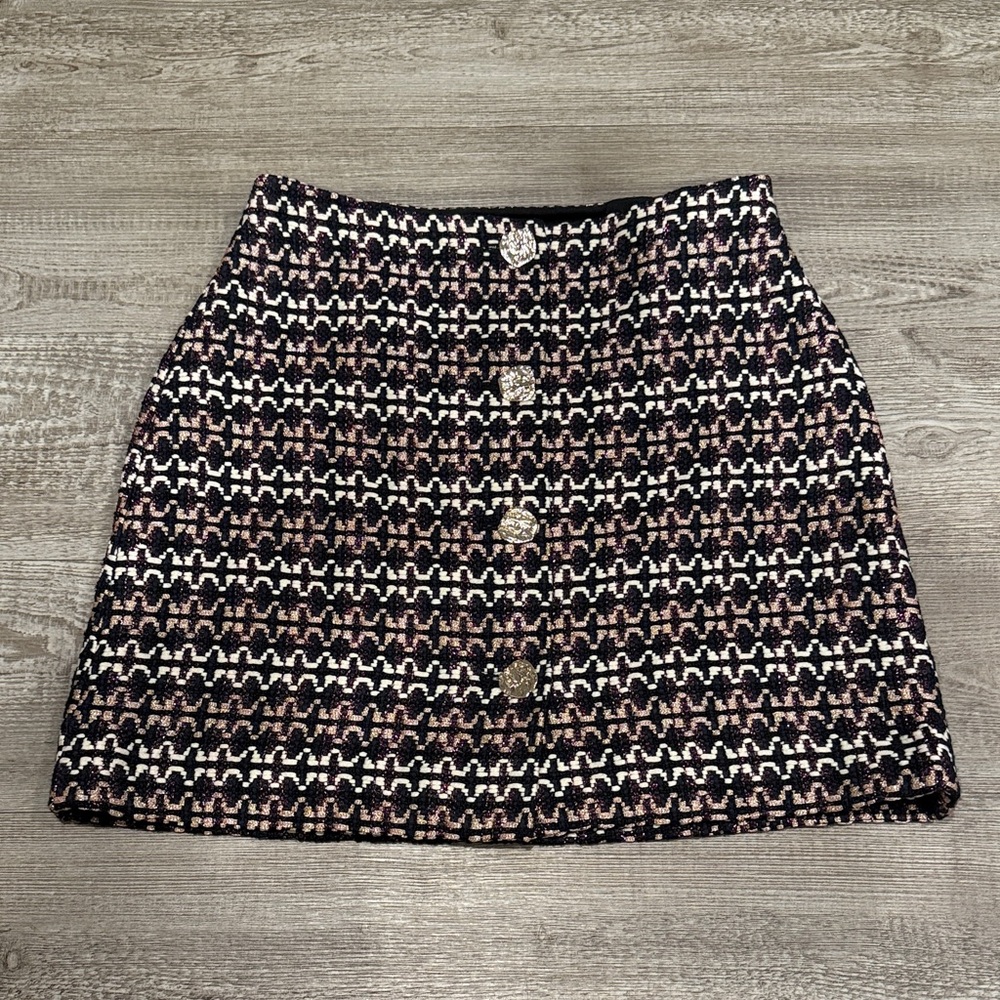 Express Tweed Button-Front Mini Skirt - Black and Pink